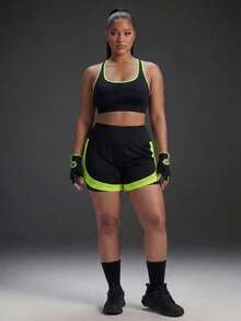 Powerista Women's Plus Size Black & Green Mesh Colorblock 2 In 1 Shorts - Black - View 10