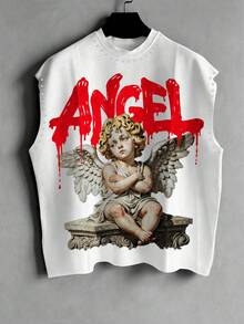 Manfinity EMRG 男士白色無袖背心，哥德式天使雕塑印花 + 紅色「ANGEL」字母圖案鉚釘裝飾上衣，街頭風休閒無袖T恤，適合春夏、音樂節、派對、外出與日常穿著 - 彩色 - 查看 1