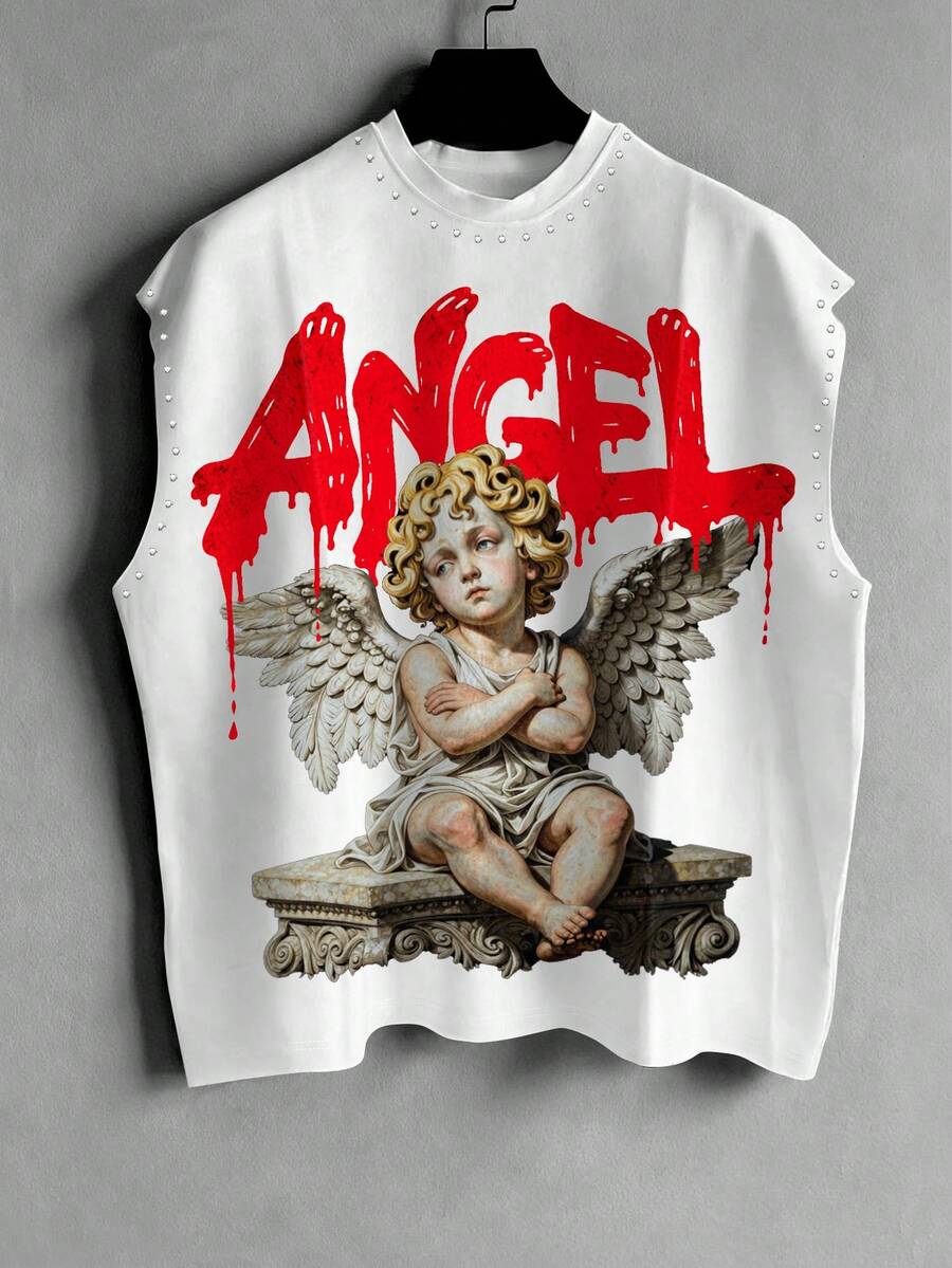 Manfinity EMRG 男士白色無袖背心,哥德式天使雕塑印花 + 紅色「ANGEL」字母圖案鉚釘裝飾上衣,街頭風休閒無袖T恤,適合春夏、音樂節、派對、外出與日常穿著 - 彩色 - 查看 1