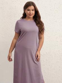 SHEIN BASICS 大碼純色開衩大腿 T-shirt 洋裝 夏季淺紫色女款洋裝 寬鬆休閒優雅穿搭 適合約會之夜、辦公室、牛仔節、早午餐、度假 - 淺灰紫 - 查看 6