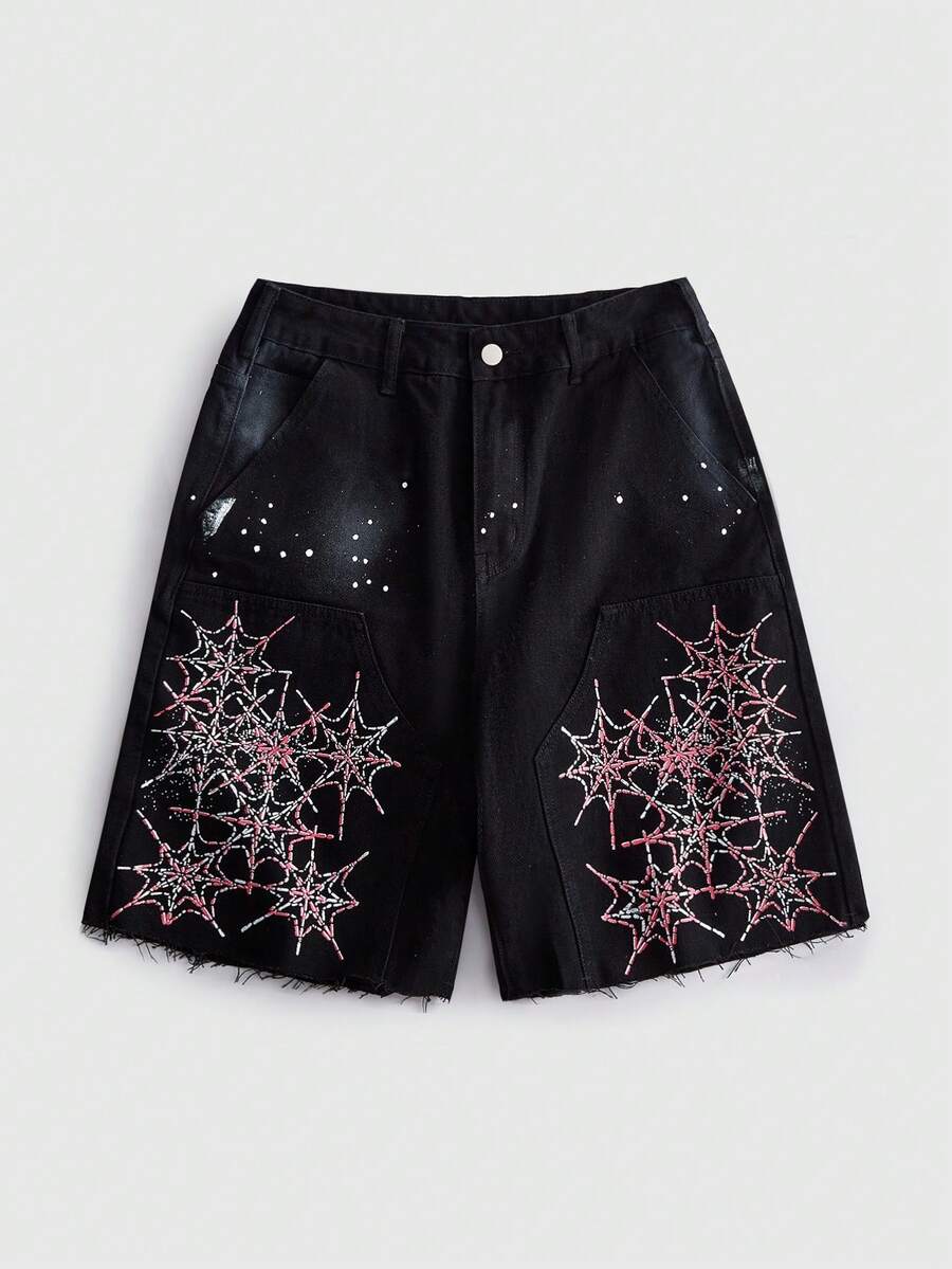 ROMWE MEN Pantalones cortos de mezclilla cargo con estampado y ajuste holgado para hombre - Negro - Ver 1
