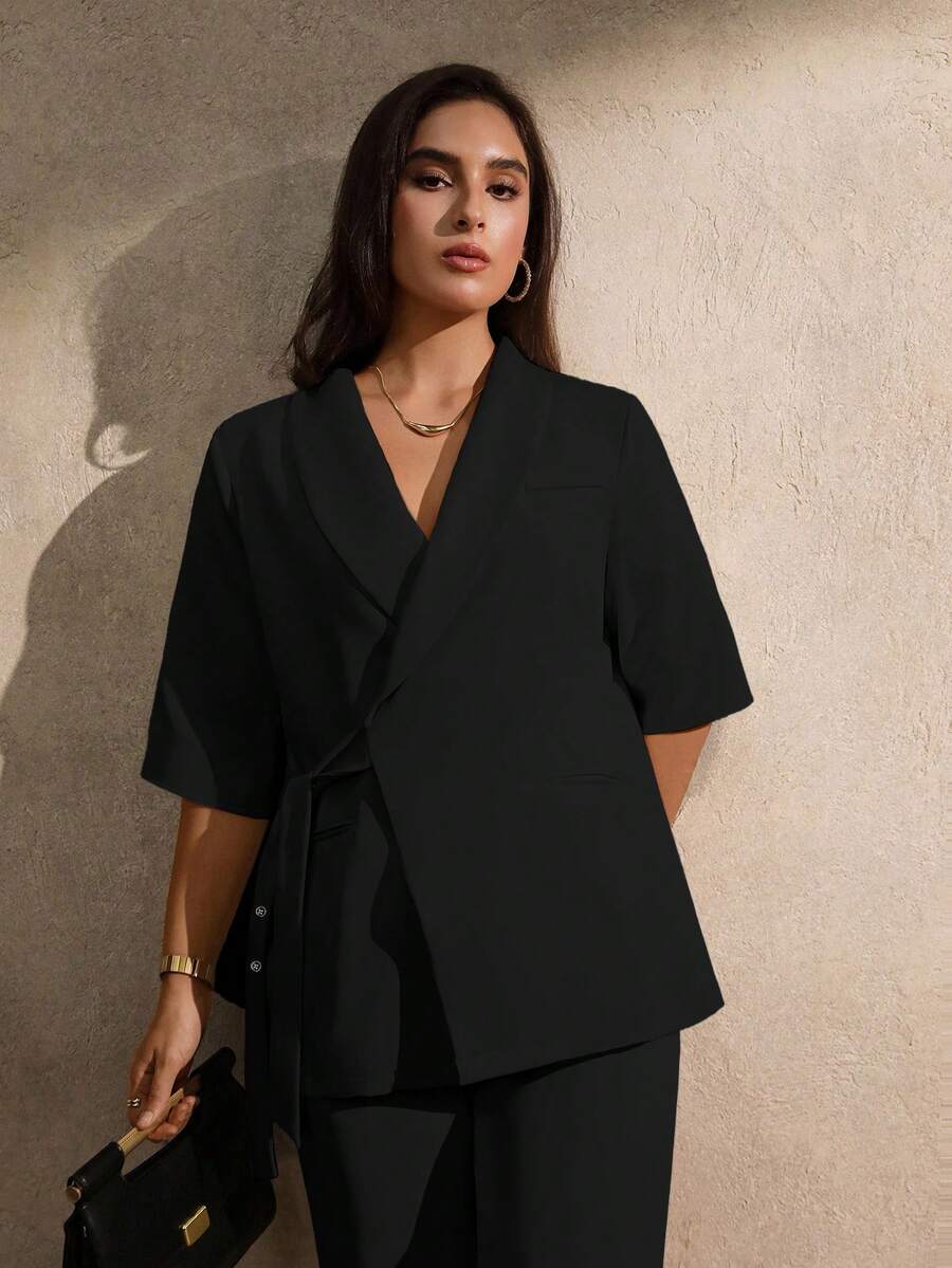 Juhart Blazer delgado con lazo en color albaricoque, elegante y minimalista para mujer de talla grande - Negro - Ver 1
