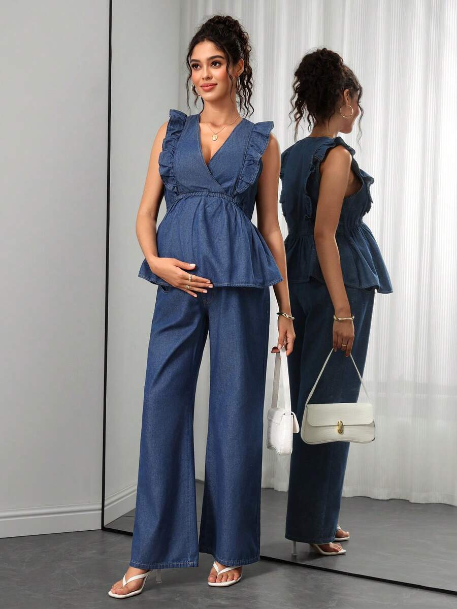 Momance Maternity Fashion Ruffle Denim Set Babyshower Formal Sky Blue Summer Casual Cute Chic Elegant Baby Shower Business Baby Blue - Medium Wash - View 1