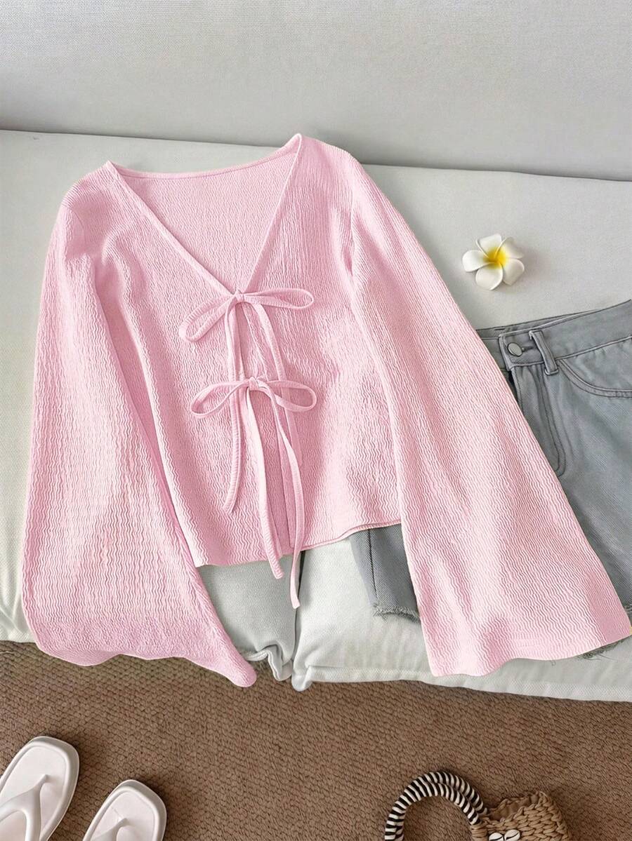 SHEIN 青少年女孩休閒純色寬鬆前綁帶喇叭袖上衣,度假與返校穿搭 - 粉色 - 查看 1