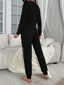 Lazeform Ladies' Long Sleeve Pajama Set With Letter Pattern, Fall Winter Clothes Cozy And Elegant Details - Black - View 2