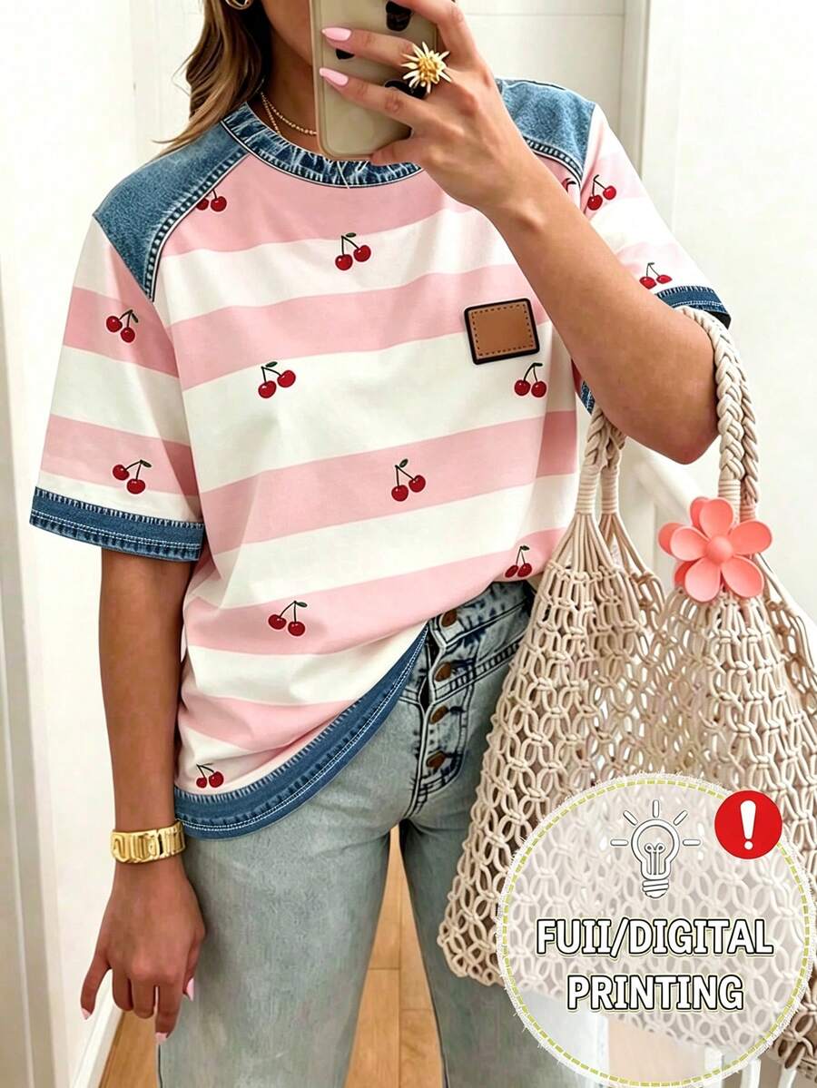 EMERY ROSE Camiseta casual versátil de mujer con cuello redondo, manga corta y diseño de rayas y patchwork - Multicolor - Ver 1
