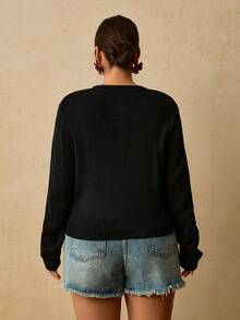 Travachic Cardigan Rajut Jacquard Kasual Serbaguna Ukuran Plus untuk Wanita Musim Gugur - Hitam - View 9