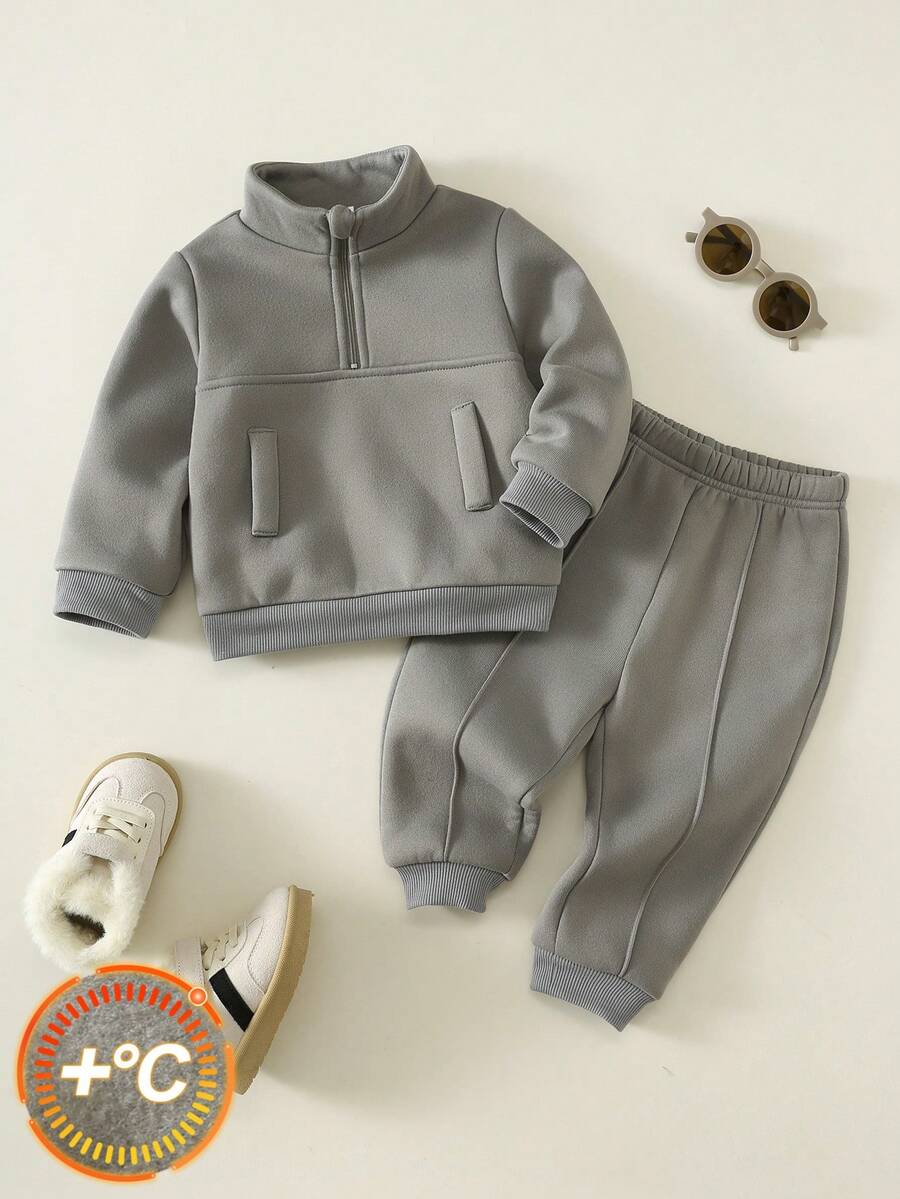 SHEIN 男女嬰兒/幼兒秋冬保暖內裡加厚休閒可愛運動風立領運動衫套裝,嬰兒運動服,嬰兒冬季衣著/套裝 - 灰色 - 查看 1