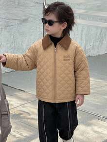 Dazy Kids Young Boy Letter Pattern Colorblock Zip-Up Casual Winter Travel Padded Coat - Khaki - View 6