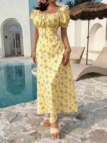 K-Vae Korean Style Orange Floral Puff-Sleeve Maxi Dress Women's Square Neck Ruched Slim-Fit Long Dress Sweet Vacation Summer Daily Streetwear - Pale Yellow - View 6