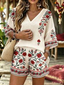 Breezaya Plus Size Boho Floral Print V Neck Batwing Short Sleeve Top & Elastic Waist Shorts 2 Pieces Outfit Set Women Lightweight Summer Daily Going Out Casual - Multicolor - View 1