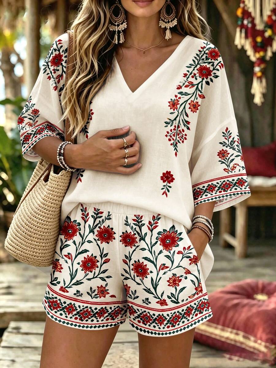 Breezaya Plus Size Boho Floral Print V Neck Batwing Short Sleeve Top & Elastic Waist Shorts 2 Pieces Outfit Set Women Lightweight Summer Daily Going Out Casual - Multicolor - View 1