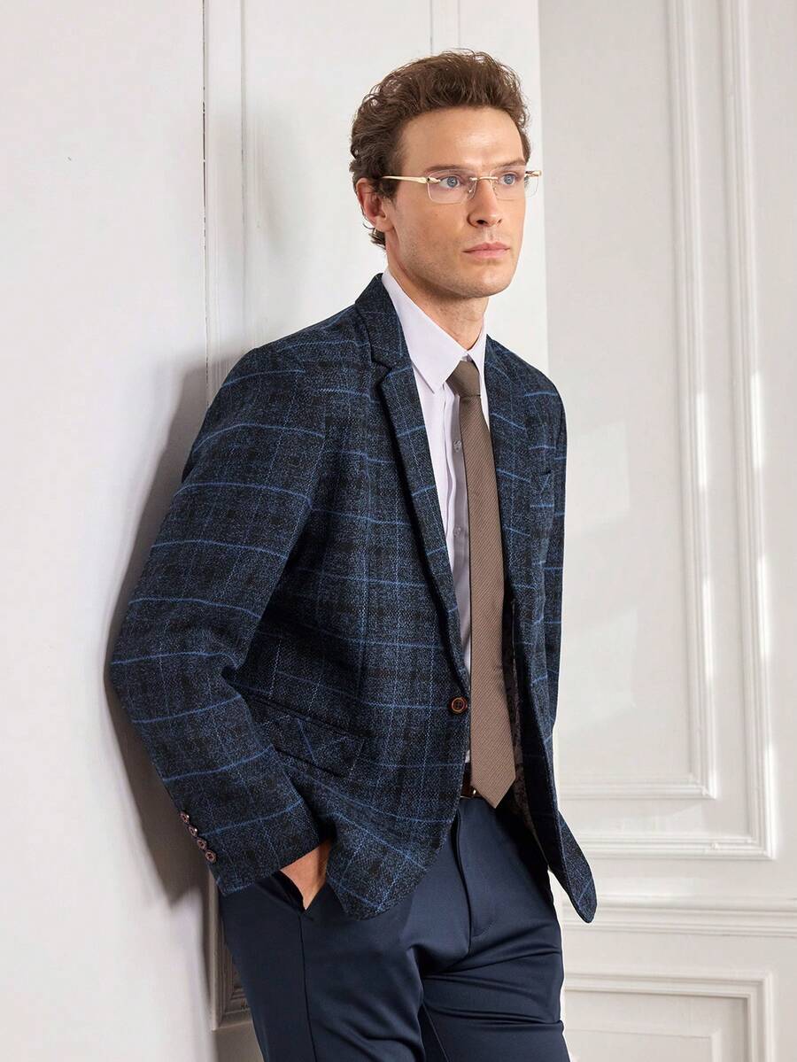 Officeau Men's Old Money Royal Blue Plaid Blazer, For Business Formal/ Evening - Royal Blue - View 1