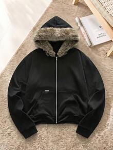 SWAVVY American Style Black Fur Collar Hoodie, Niche Design Slim Fit Short Sweatshirt Jacket For Men, Y2K - Black - View 1