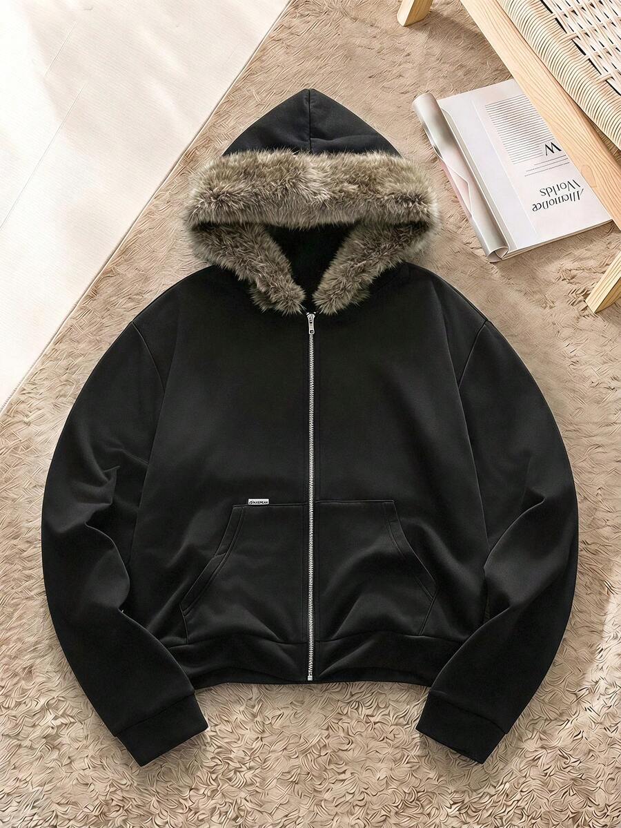 SWAVVY American Style Black Fur Collar Hoodie, Niche Design Slim Fit Short Sweatshirt Jacket For Men, Y2K - Black - View 1