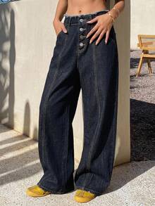 FRIFUL Women's Fashion Frayed Hem Straight Loose Fit Casual Jeans - Blue - View 1