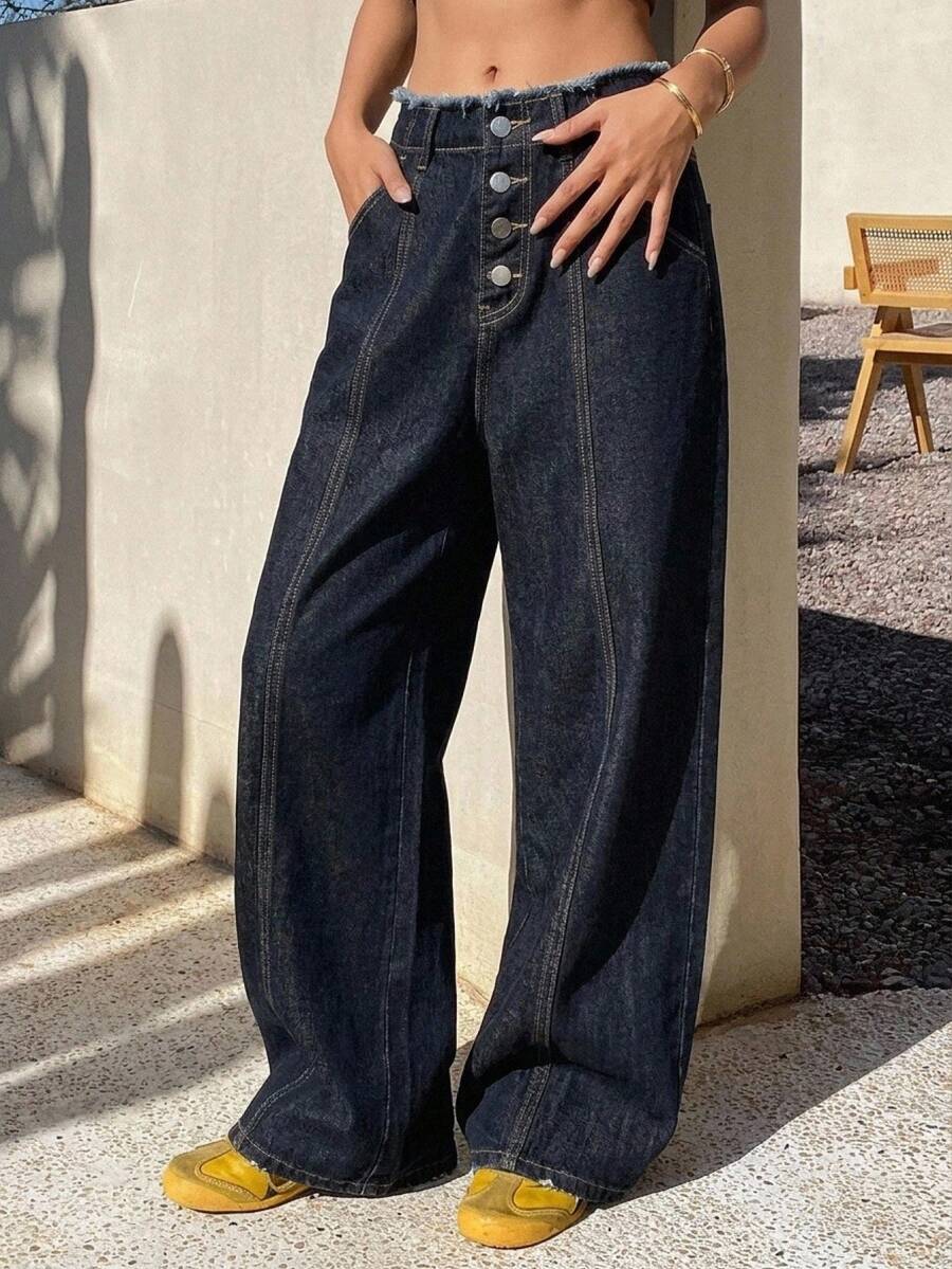 FRIFUL Women's Fashion Frayed Hem Straight Loose Fit Casual Jeans - Blue - View 1