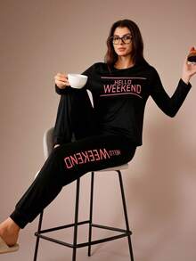 Lazeform Ladies' Long Sleeve Pajama Set With Letter Pattern, Fall Winter Clothes Cozy And Elegant Details - Black - View 3