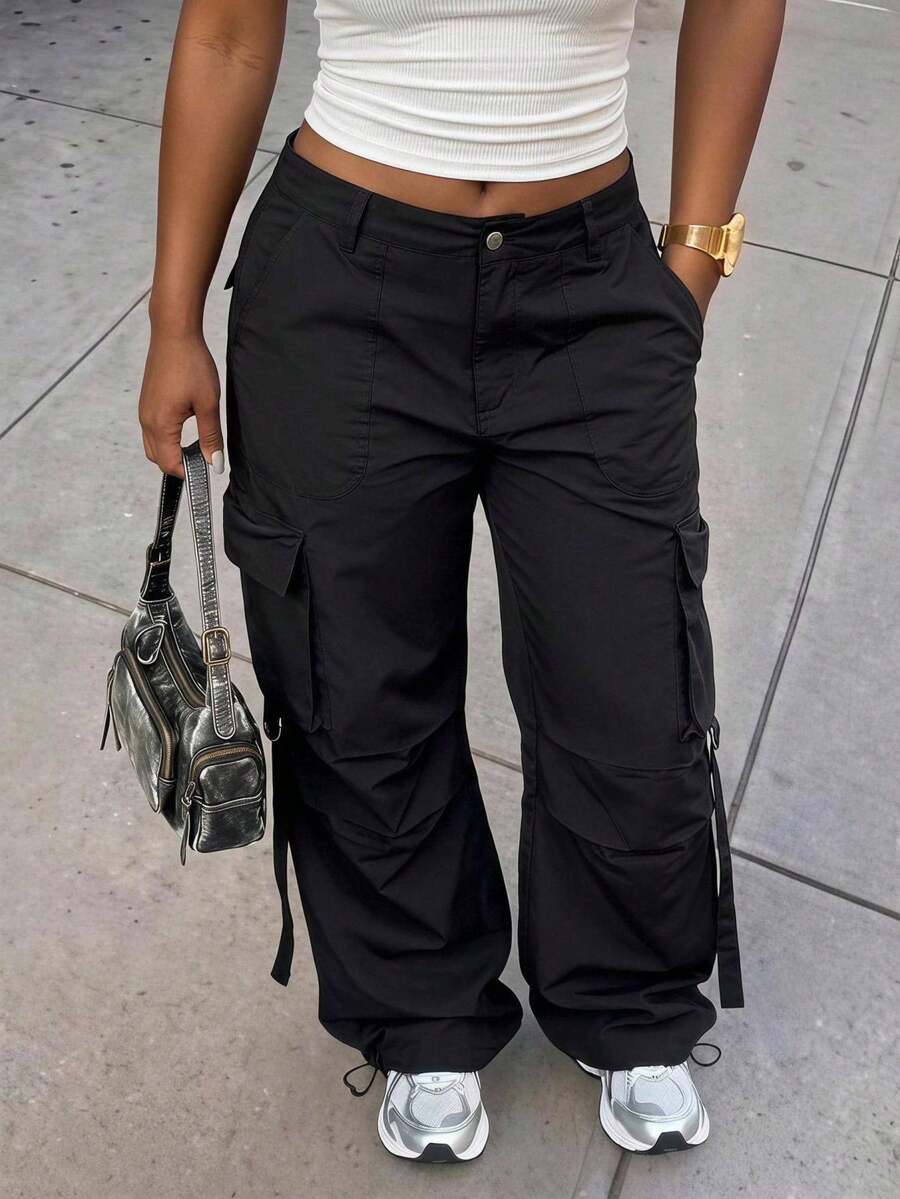 Slaydiva Pantalon cargo femme vintage streetwear noir à poches multiples avec design de ruban, pantalon long décontracté pour le trajet et les vacances