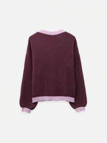 Nöista Ribbed Knit Cardigan In Burgundy With Purpple Contrast Trim, V-Neck, Button Front. Autumn Layering, College, Office, Chic, Cozy Fall. Winter Clothes.. - Rose Red - View 9