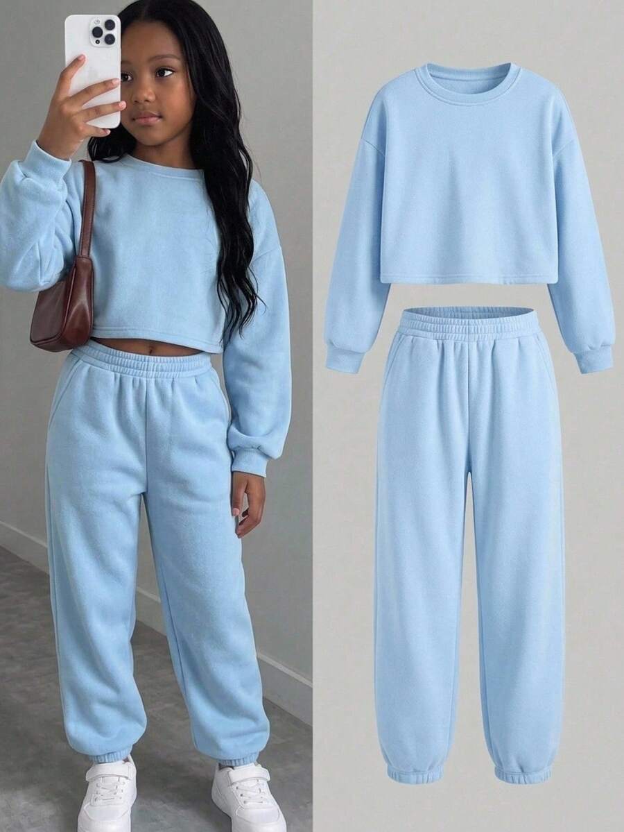 SHEIN 青少年女孩宽松复古短款圆领运动衫和运动裤纯色运动两件套 - 淺藍色 - 查看 1