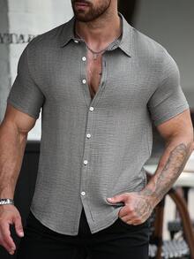 Manfinity CasualCool Men's Textured Fashion Holiday Single-Breasted Short Sleeve Shirt - Army Green - View 4
