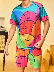 Notgurli Men's Multi-Color Smiling Face Print Milk Silk Crew Neck Short Sleeve 2-Piece Set, Casual Home Wear Outfit - Multicolor - View 5