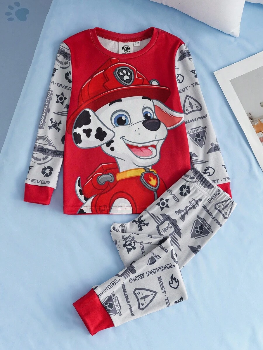 SHEIN | PAW Patrol 2件套少女卡通小狗印花圆领长袖上衣和裤子休闲睡衣套装 - 彩色 - 查看 1