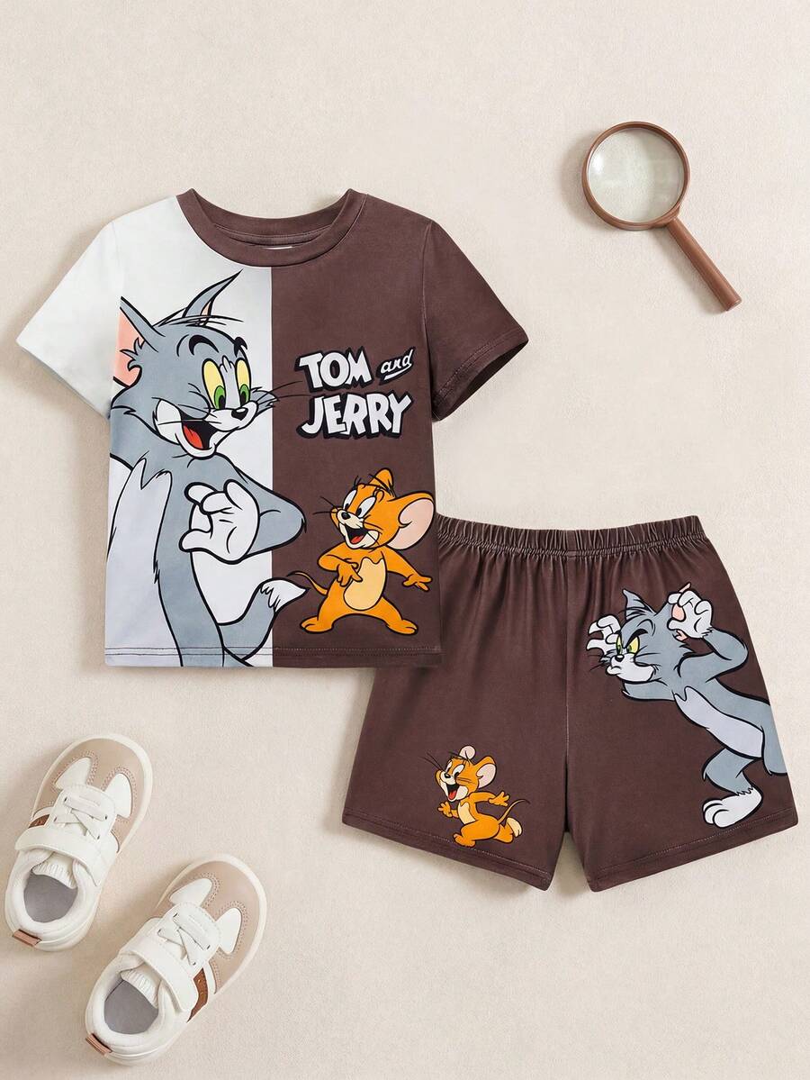TOM & JERRY X SHEIN Conjunto de 2 piezas para niño pequeño: camiseta de manga corta con estampado de animal de colores en bloque y pantalón corto, estilo casual, apropiado para primavera/verano - Marrón - Ver 1