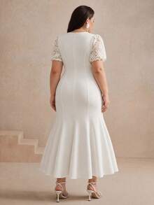 Anewsta Spring/Summer New Round Neck Puff Short Sleeve Woven Fabric Colorblock Water-Soluble Lace 3D Applique Elegant Mermaid Hem Plus Size Long Dress For Women - Apricot - View 6