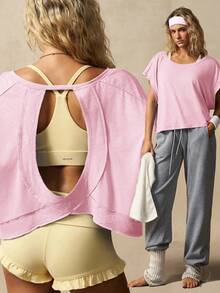 VARSIVA Women's Solid Color Casual Daily Travel Sports T-Shirt - Pink - View 5