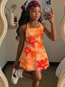少女度假風花卉印花時尚掛脖洋裝 - 彩色 - 查看 1