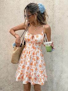 Serisse Women's Vacation Casual Cottagecore Ditsy Floral Spaghetti Strap Mini Dress Picnic Orange And White Summer - Multicolor - View 7