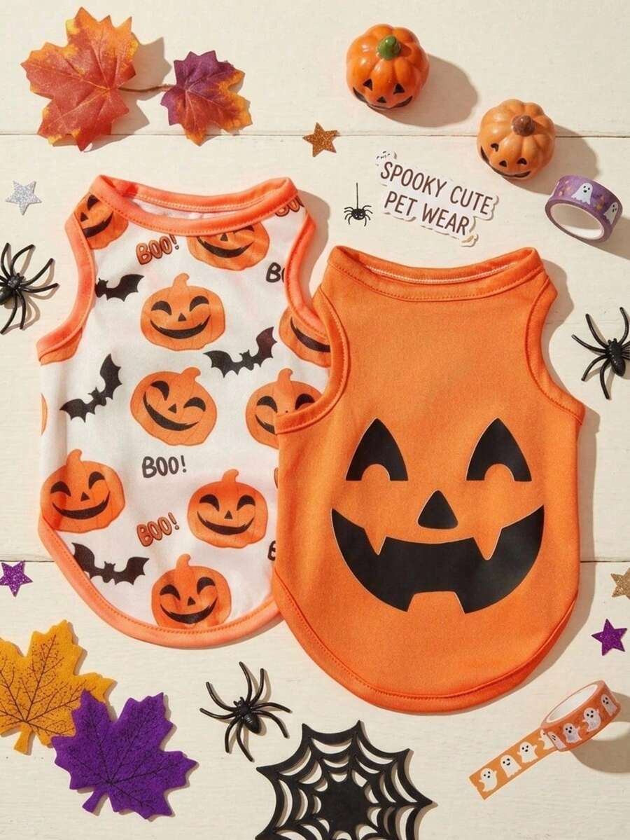 2pcs Pet Cat Dog Universal Halloween Orange Pumpkin Funny Expression Pattern Print Fashionable Breathable Comfortable Dog Vest, PETSIN Original Design - Multicolor - View 1