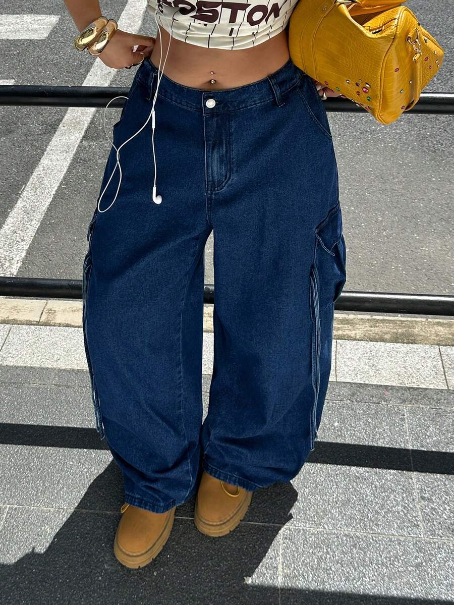 Rivivi 大尺碼女款時尚休閒正式多口袋工裝牛仔褲 開學畢業季 海軍藍 夏季 - 深色水洗藍 - 查看 1