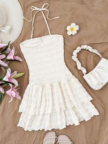 Kids Teen Girls Dresses Summer Casual Solid Color Textured Fabric, Multi-Layer Ruffle Hem, Suitable For Daily Commute, Date, Gathering, Vacation - Apricot - View 2
