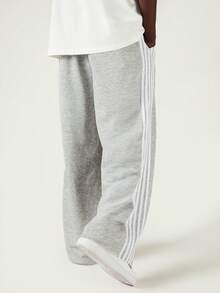 SUMWON Club Side Stripe Fleece Sweatpants With Drawstring Waist And Raw Hem Casual Lounge Pants - Grey - View 2