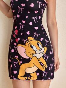 TOM & JERRY X SHEIN 女款蝴蝶結與愛心印花休閒細肩帶睡裙 - 黑色 - 查看 7