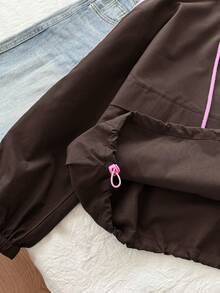 SHEIN EZwear Jaket Berkerudung Bergaris Kontras Cokelat Ukuran Besar untuk Musim Gugur - Chocolate Brown - View 6