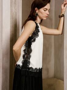SHEIN Sexy Elegant Lace Trim Contrast Color Spaghetti Strap Camisole Top For Women Brunch Night Out Black And White Summer - Black and White - View 5