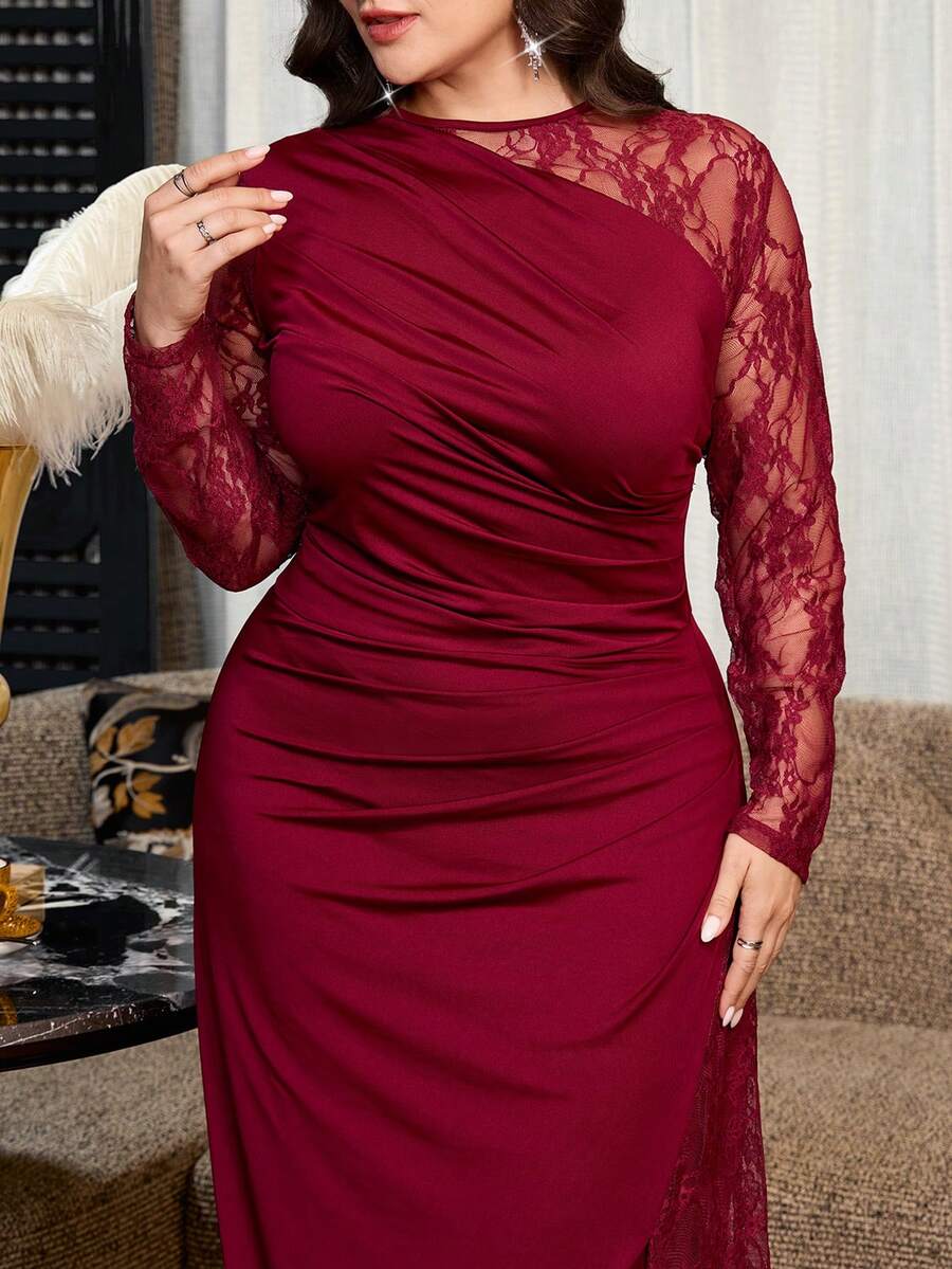 Reflora Plus Size Women's Lace Patchwork Pleated Elegant Cinched Waist Party Dress,Elegant Long Party Dress,Mother,Luxury Evening Dress For Women,Party Dress - Burgundy - View 1