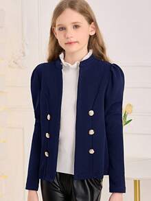 SHEIN Tween Girl Open Front Elegant Bishop Sleeve Jacket,In Fall/Winter - Navy Blue - View 3