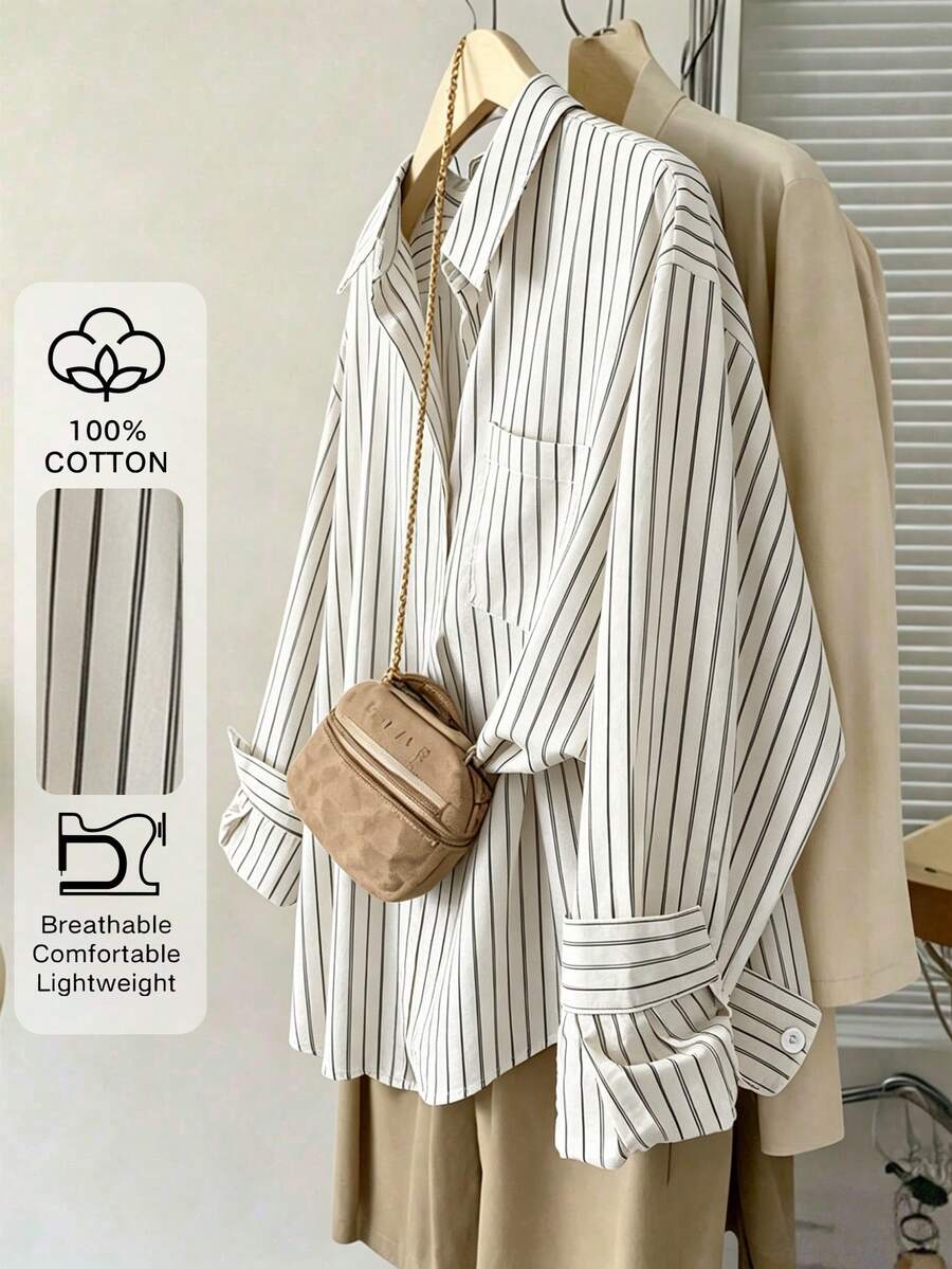 Resyla Kemeja Kasual Longgar Bergaris Aprikot dengan Nuansa Linen - Krem - View 1