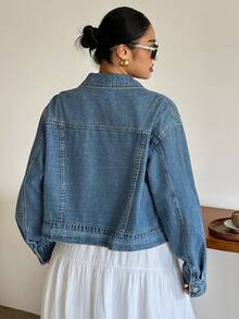 Dazy Plus Vintage Denim Washed Turn Collar Loose Long Sleeve Denim Jacket Short Denim Coat Spring Autumn - Medium Wash - View 7