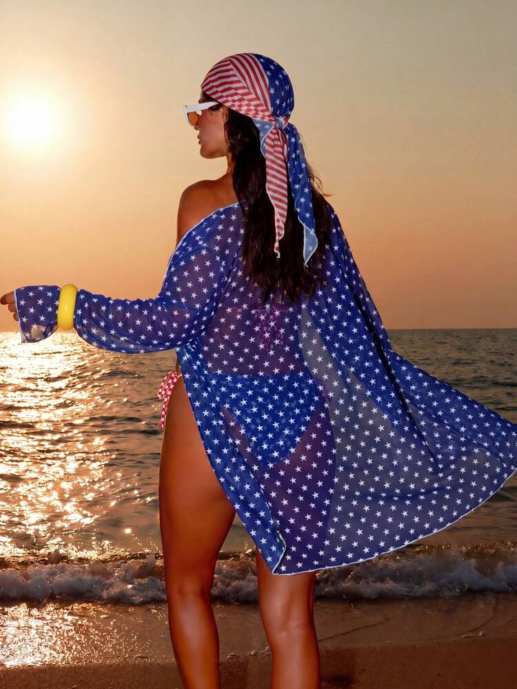 Swim SXY Women's 4-Piece Lemon Flower Random Print Fashion Summer Beach Vacation Bikini Set With Cover-Up And Headscarf - Multicolor - View 2