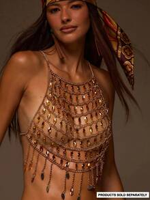 MUSERA Gold Beaded Detail Chain Crochet Top - Gold - View 2