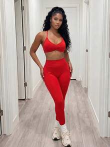 BamGleam Setelan Olahraga Wanita Warna Polos, Atasan Halter Tanpa Punggung dan Legging - Merah - View 5