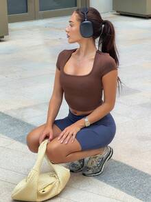 Harriette Anya Workout Women Tops Casual Solid Color Cropped Sports T-Shirt, Summer Bustier Crop Sports Tee - Coffee Brown - View 5