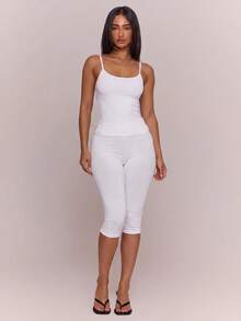MUSERA ESSENTIALS Celana Capri Legging Pinggang Elastis Lembut untuk Musim Semi, Musim Panas, Liburan, Sehari-hari, Pakaian Dasar Sederhana yang Penting - Putih - View 2
