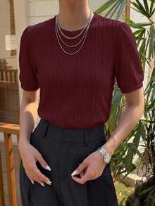 DAZY Women's Summer Round Neck Commuting Versatile Loose Casual Short Sleeve T-Shirt - Burgundy - View 7